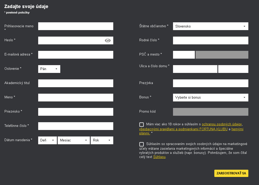 fortuna kasino prihlasovací formulár
